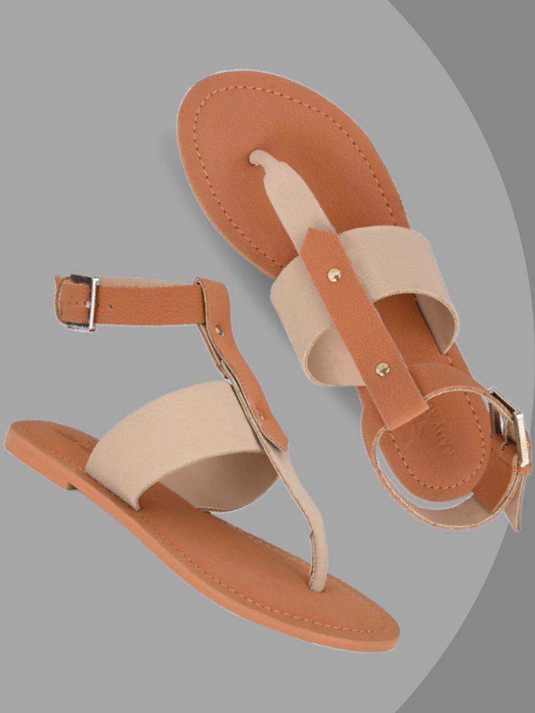 aady austin women tan colourblocked t-strap flats with buckles