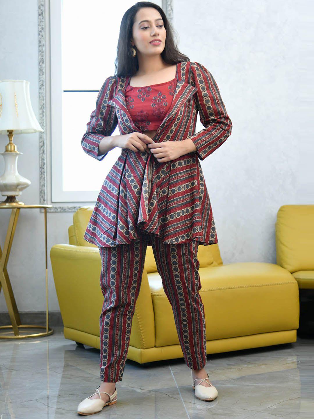 aaheli women maroon printed pure cotton co-ord