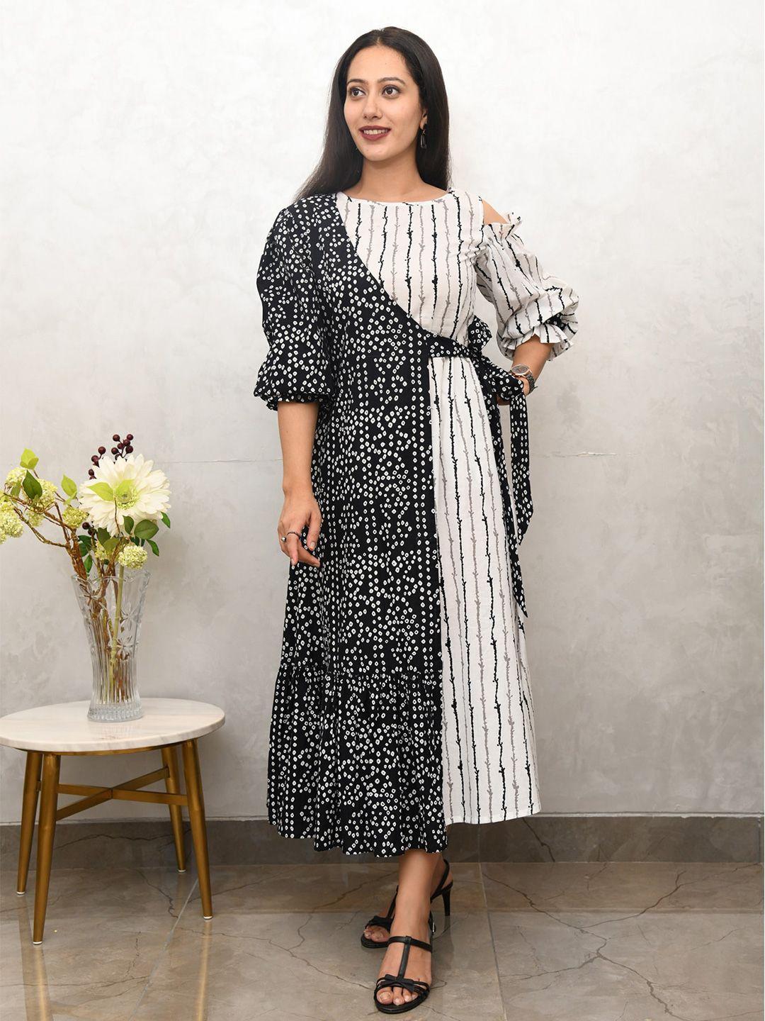 aaheli black & white abstract printed midi cotton wrap dress