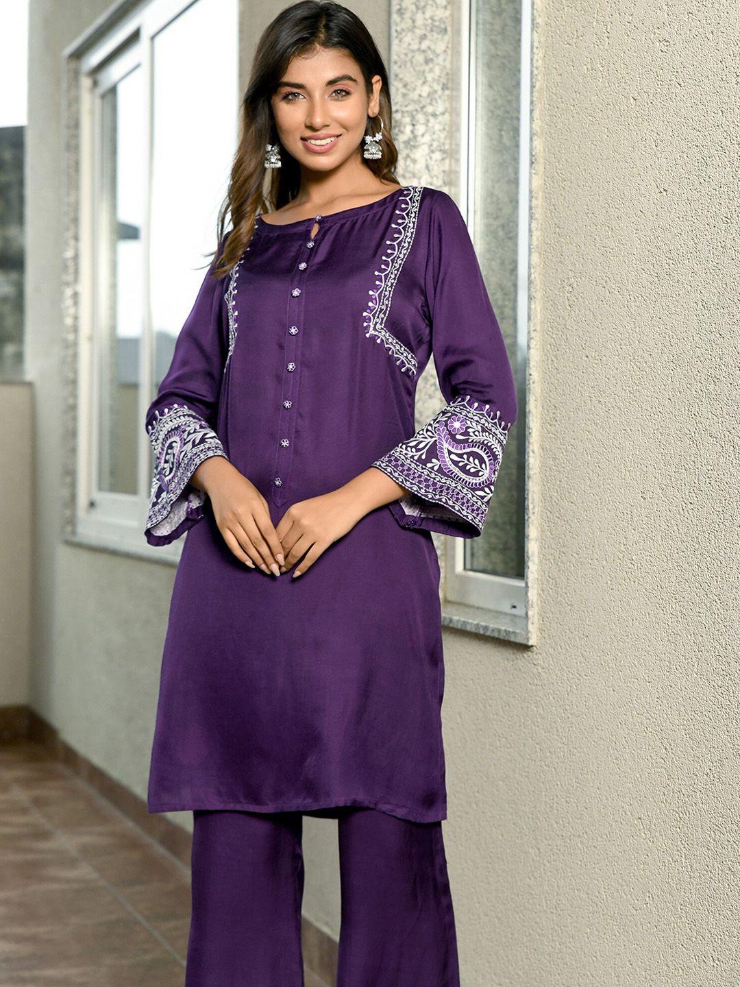 aaheli ethnic motif embroidered regular kurta with trousers