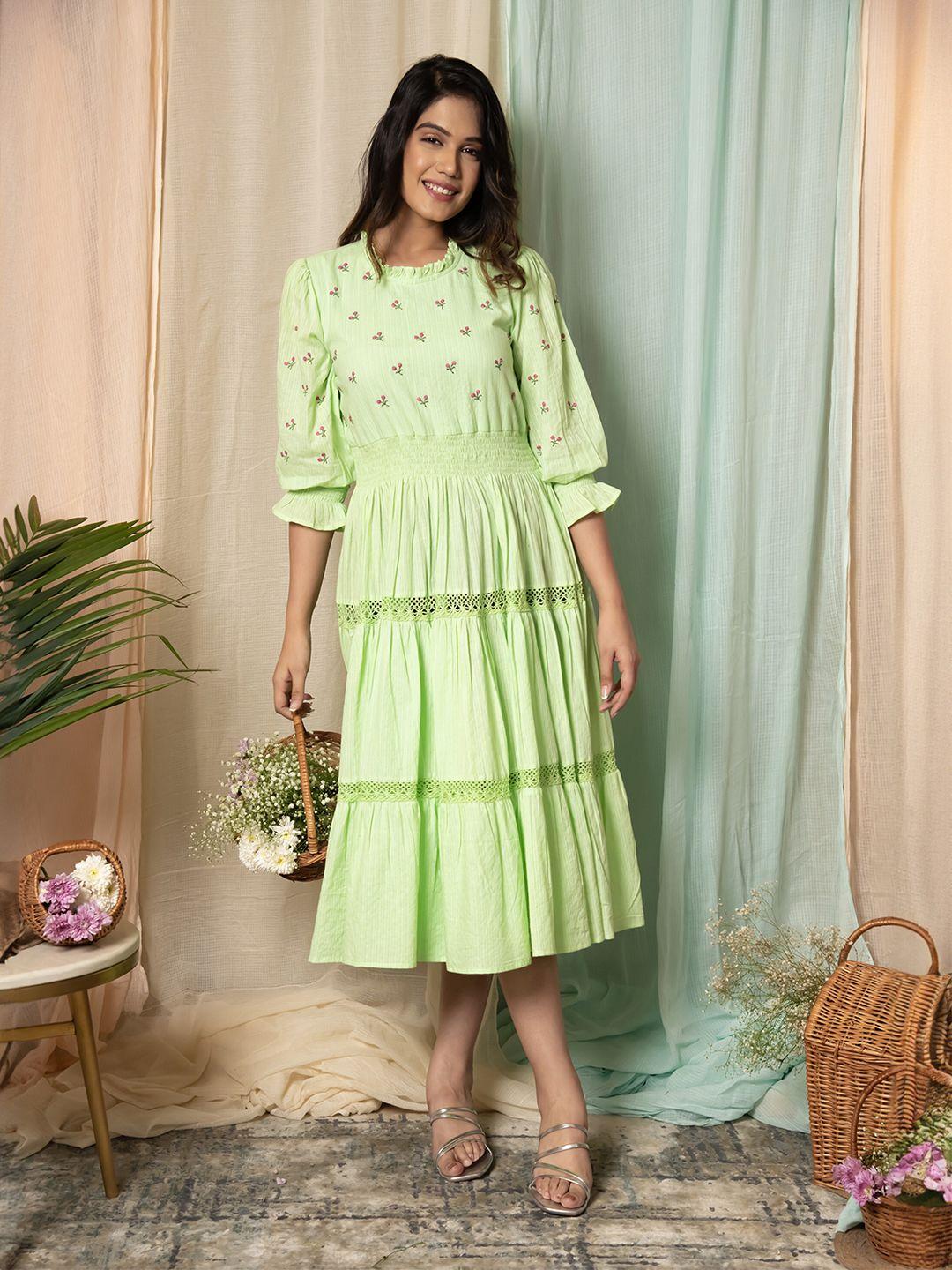 aaheli floral embroidered puff sleeved cotton tiered fit & flare midi dress