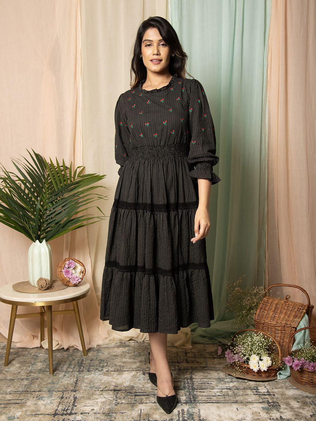 aaheli floral embroidered round neck cotton smocked fit & flare midi dress