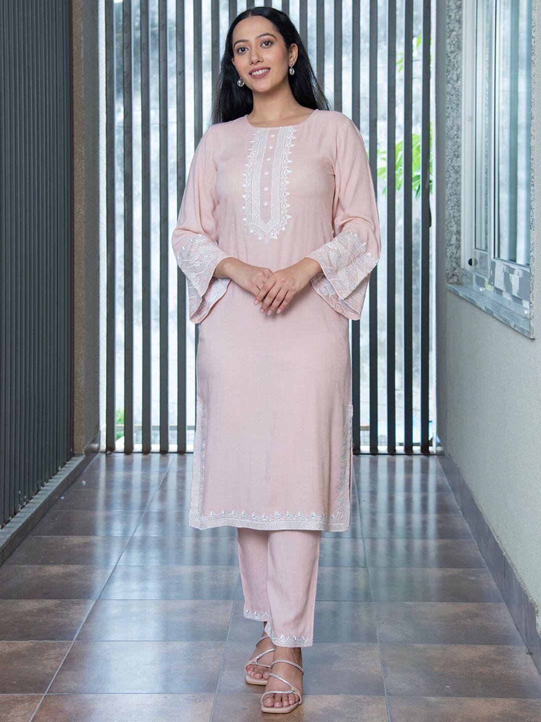 aaheli floral yoke design regular thread work kurta with trousers