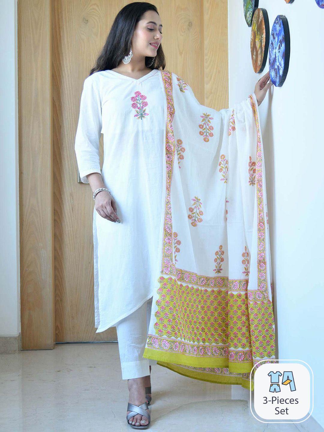 aaheli floral yoke design regular thread work pure cotton kurta & pyjamas with dupatta