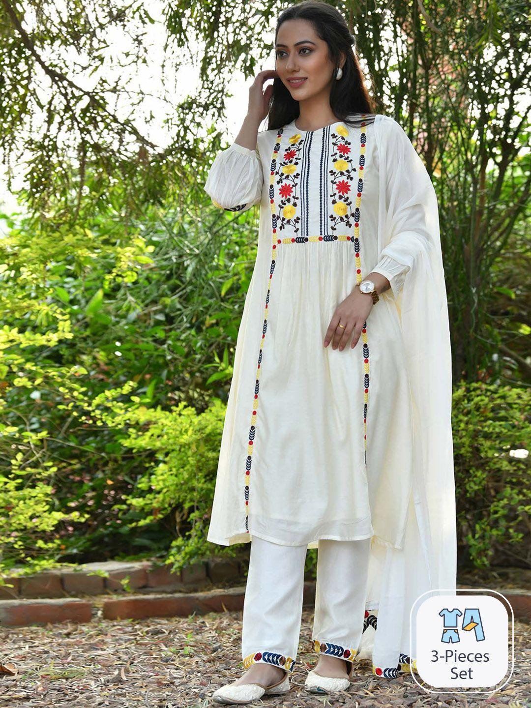 aaheli floral yoke design thread work chanderi cotton kurta with trousers & dupatta