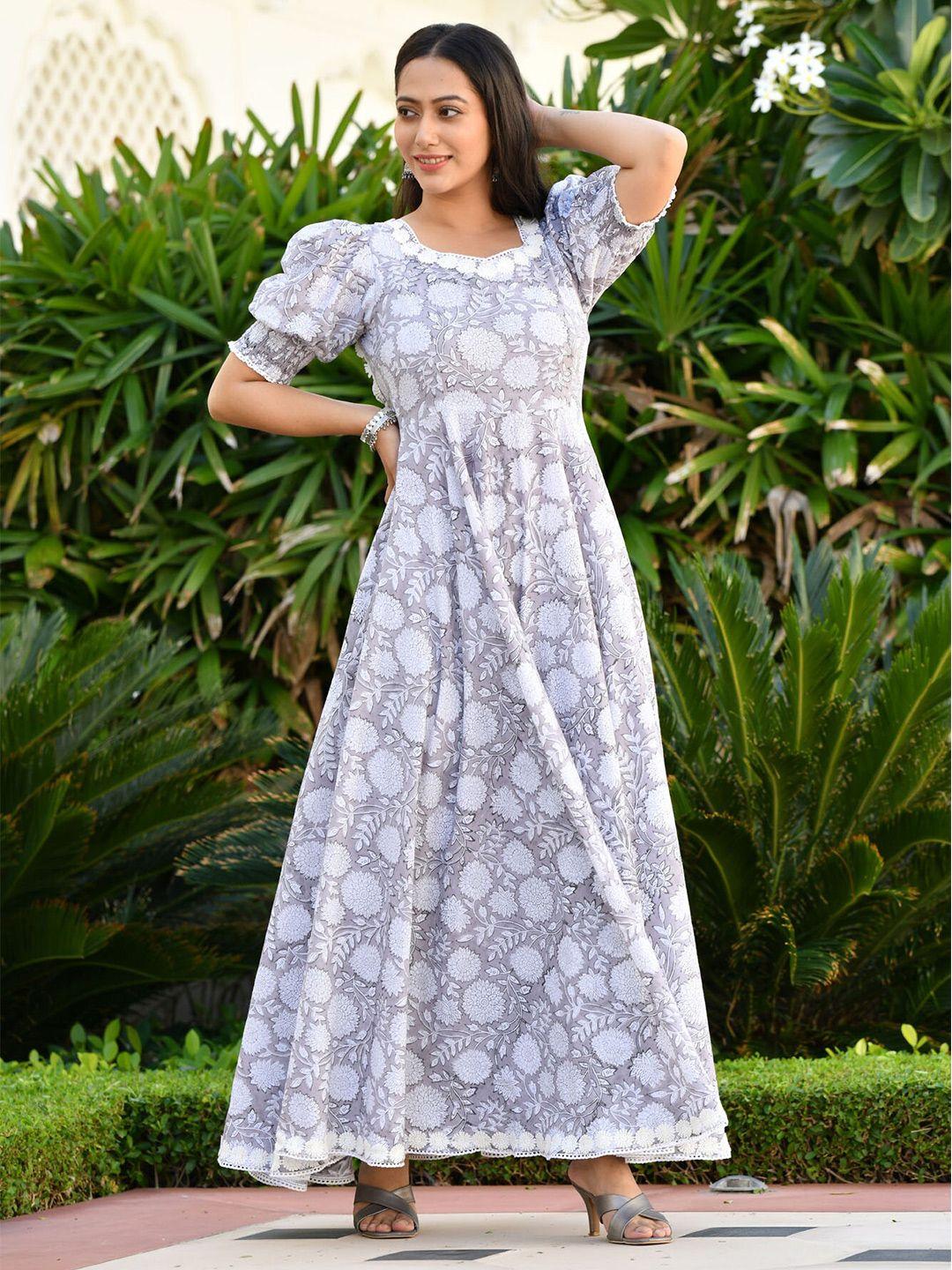 aaheli grey & white floral printed puff sleeves fit & flare cotton dress