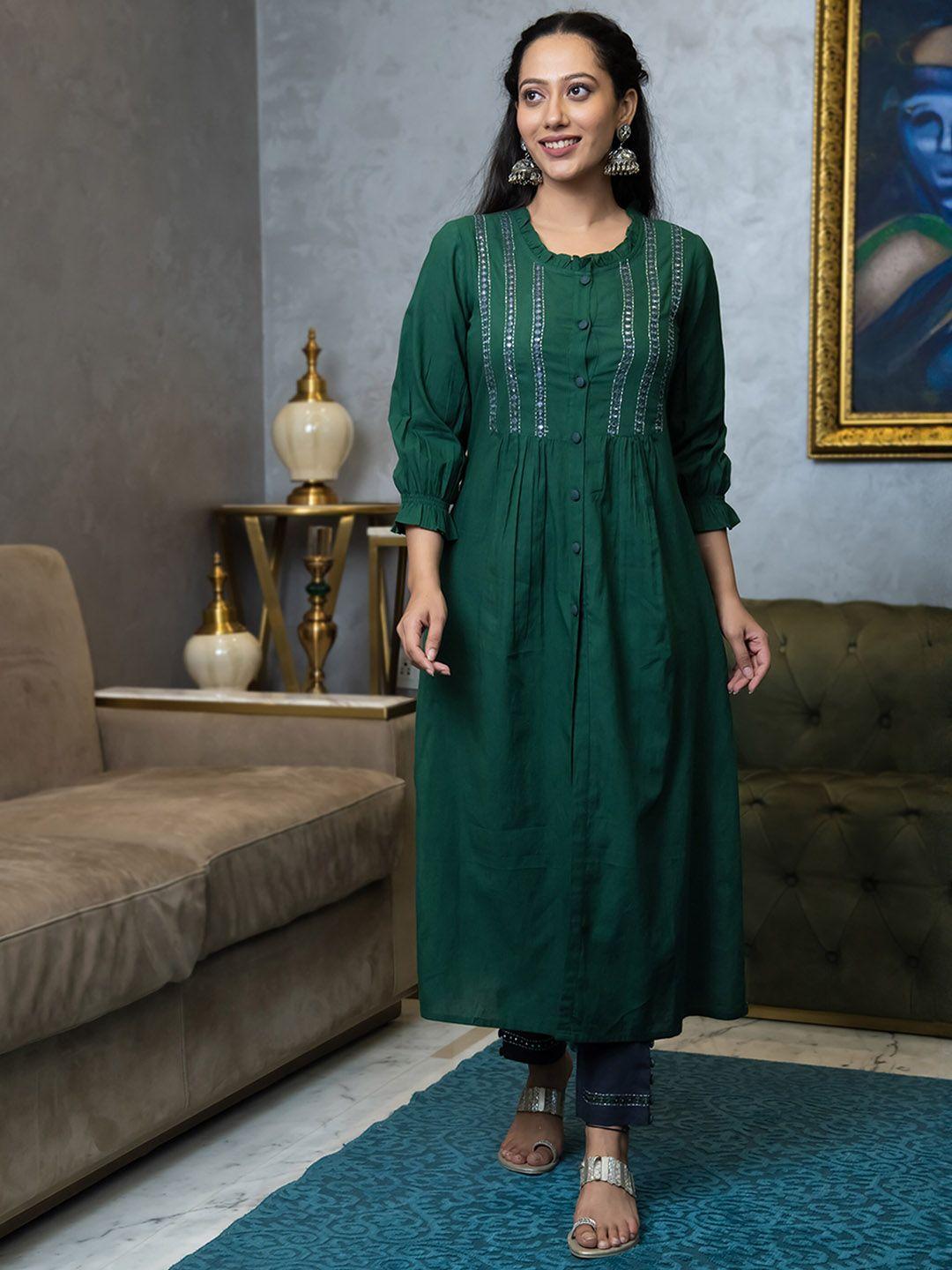 aaheli mirror work embroidered pleated pure cotton kurta with trousers