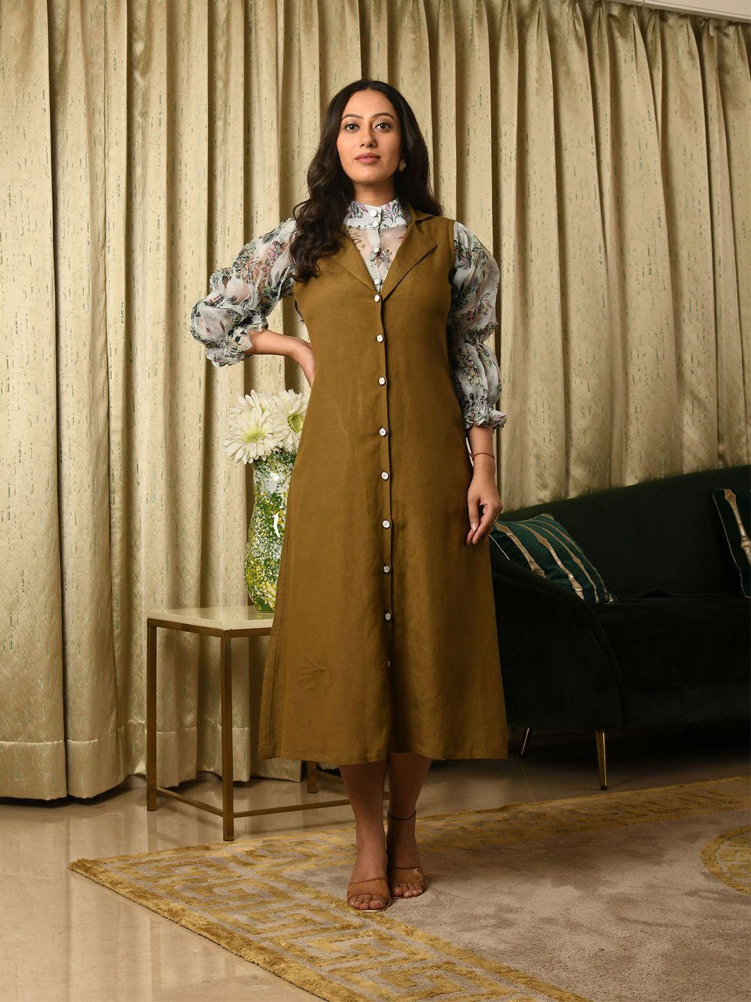 aaheli olive green maxi cotton shirt  dress