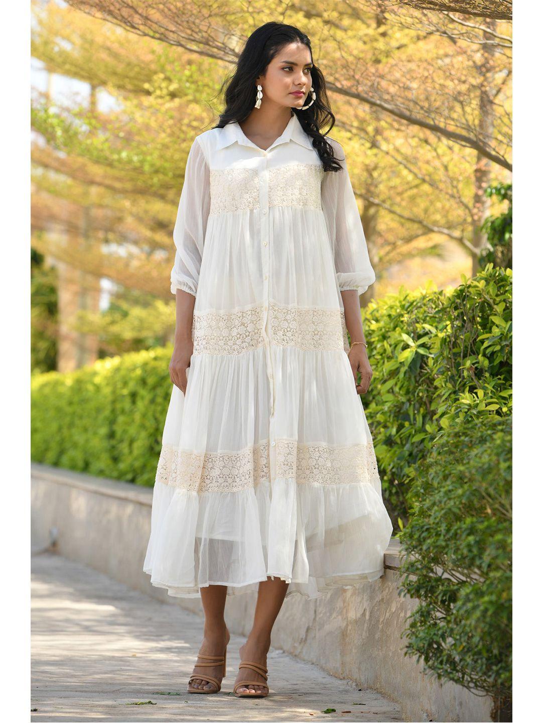 aaheli white lace-inserted self design tiered a-line dress