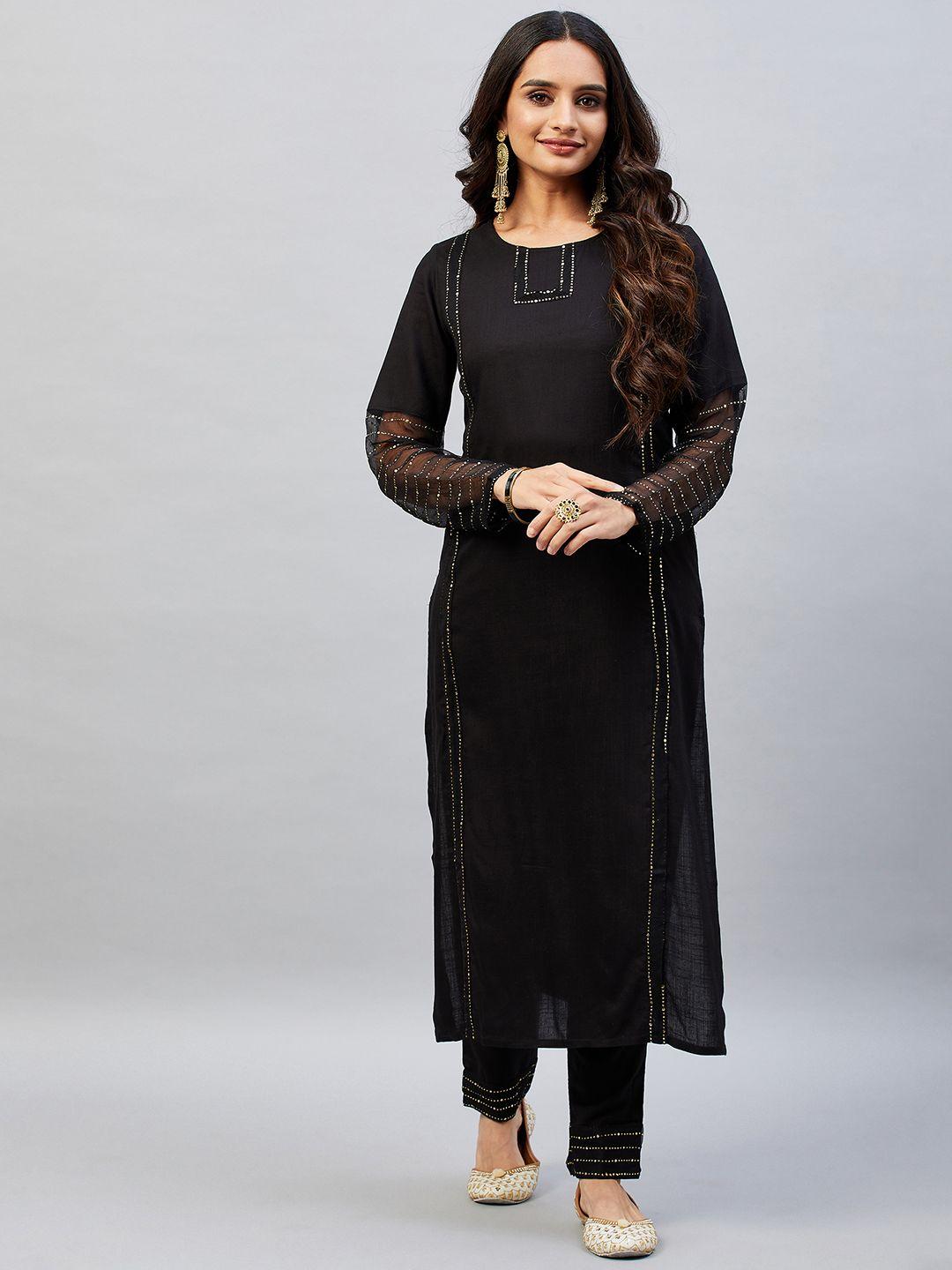 aaheli women black embroidered mukaish kurta with trousers