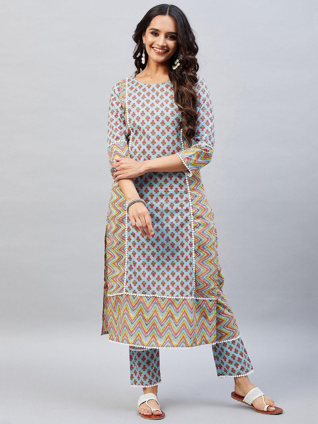 aaheli women blue ethnic motifs printed pure cotton kurta with trousers