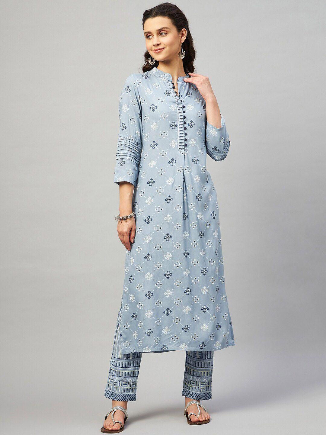 aaheli women blue ethnic printed kurta with trousers