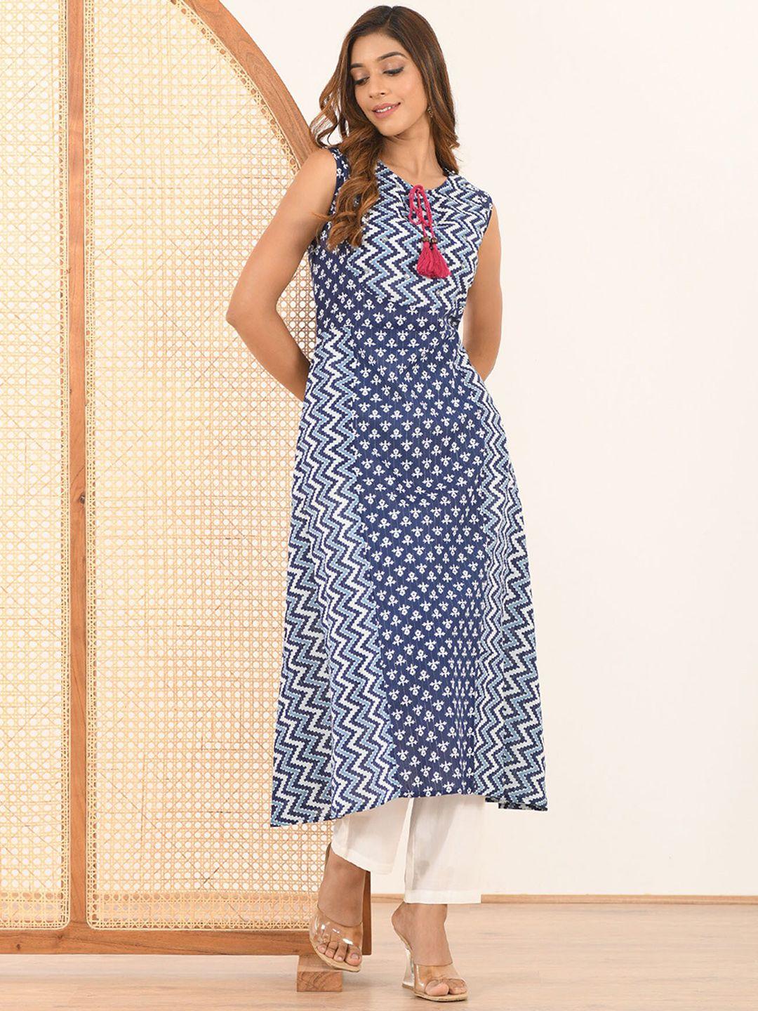 aaheli women blue printed mirror work pure cotton kurta with pyjamas