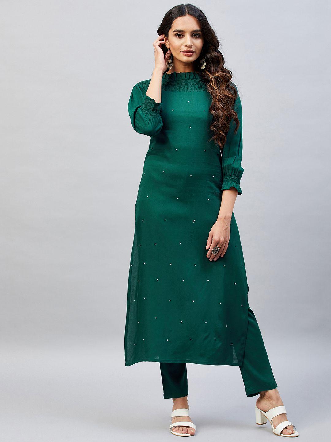 aaheli women green beads and stones kurta with trousers