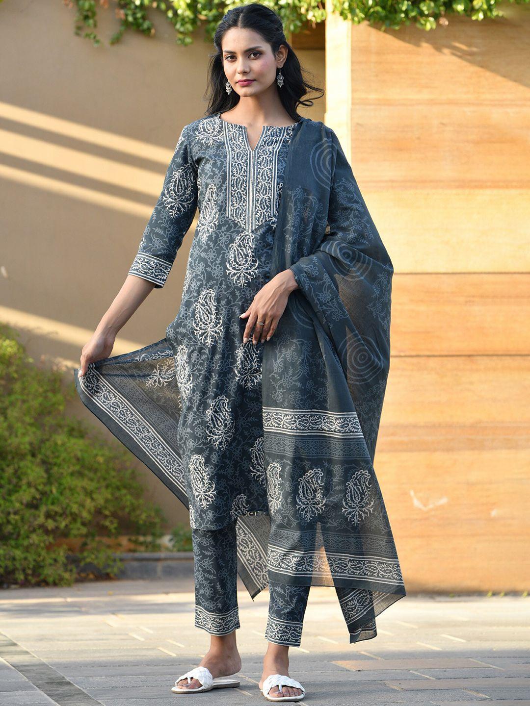 aaheli women grey block print cotton kurta with trousers & with dupatta