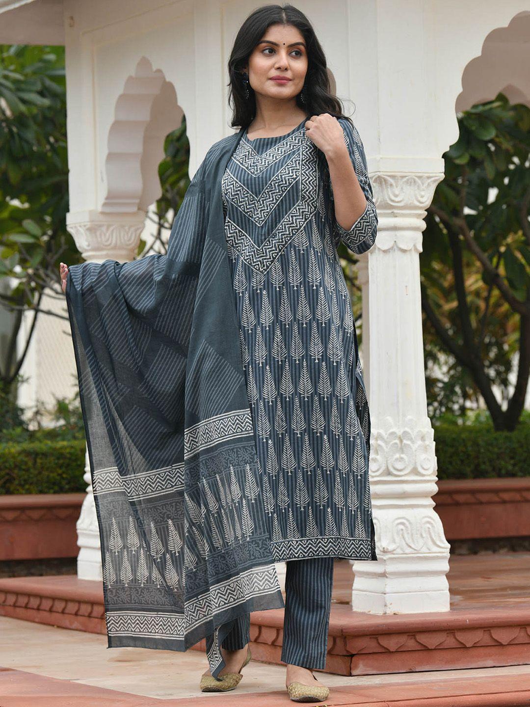 aaheli women grey block printed pure cotton kurta with trousers & with dupatta