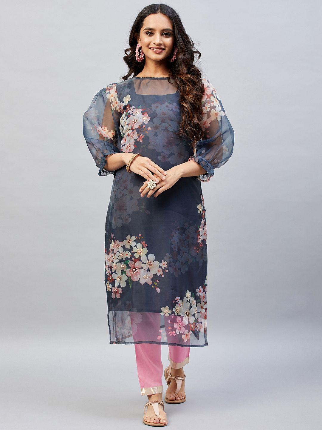 aaheli women grey floral printed angrakha kurta with pyjamas