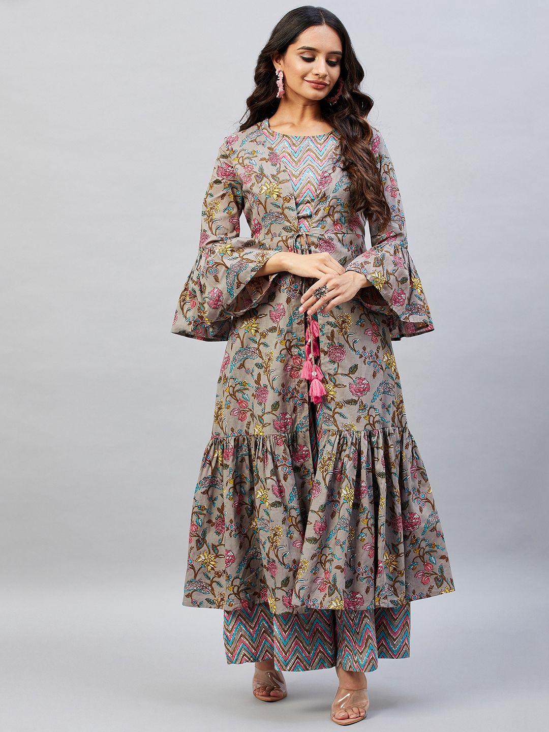 aaheli women grey printed pure cotton co-ords with shrug