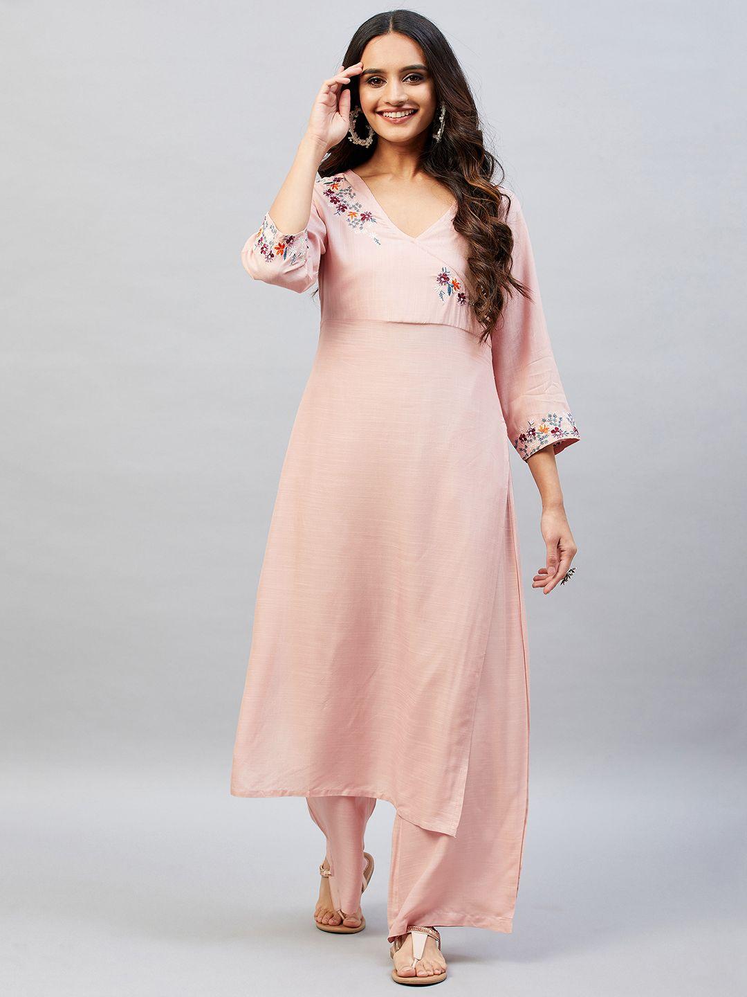 aaheli women peach-coloured floral embroidered thread work kurta with palazzos