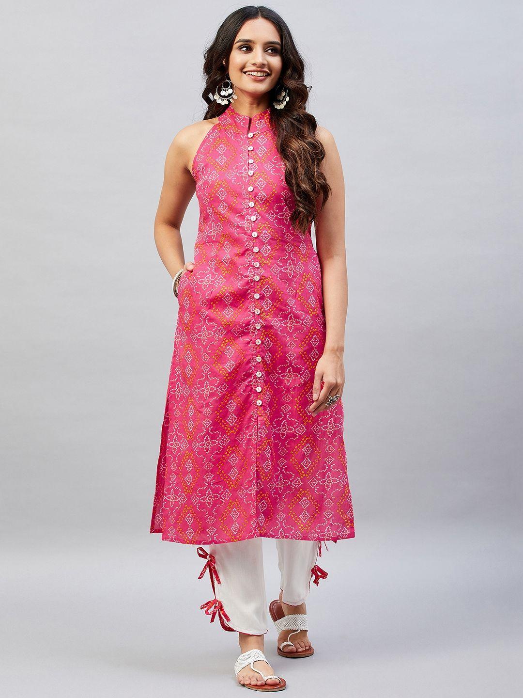 aaheli women pink bandhani printed pure cotton kurta with trousers