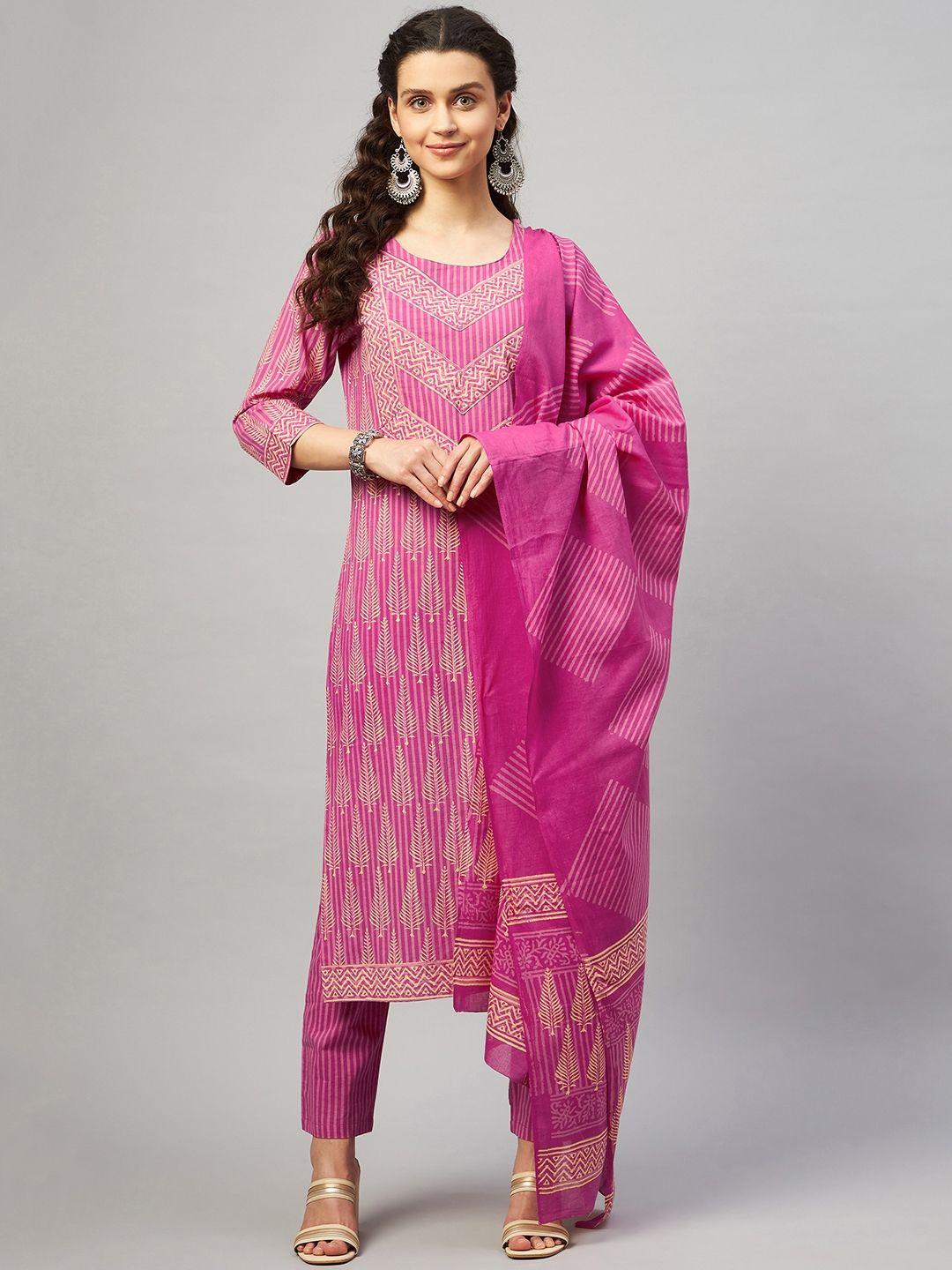 aaheli women pink block printed pure cotton kurta with trousers & with dupatta