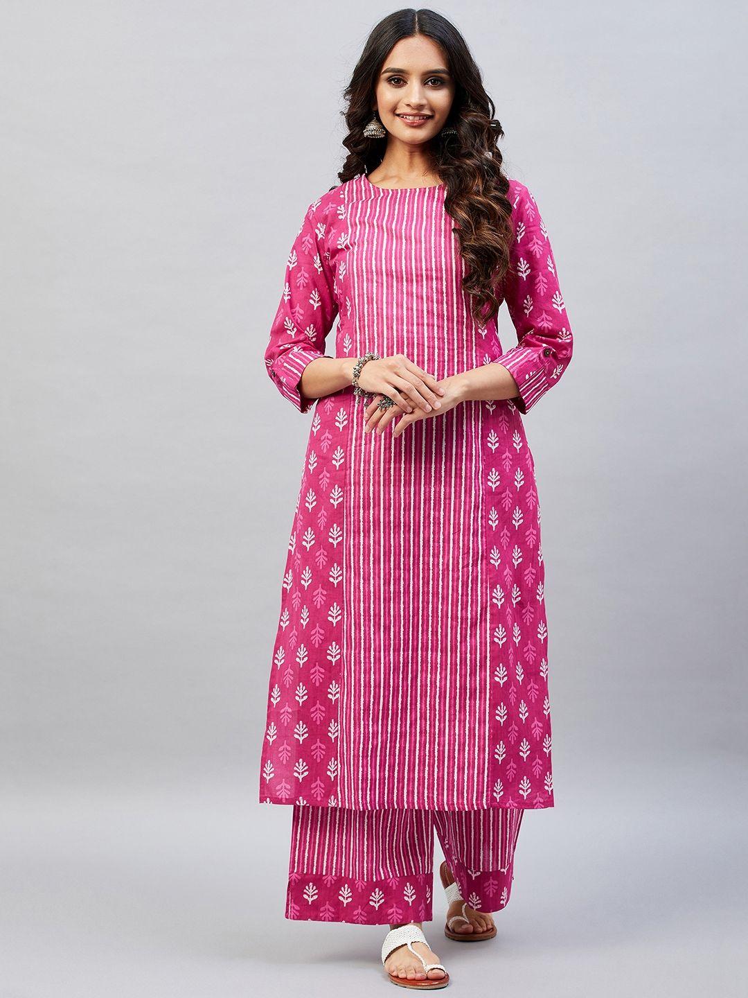 aaheli women pink ethnic motifs printed pure cotton kurta with palazzos