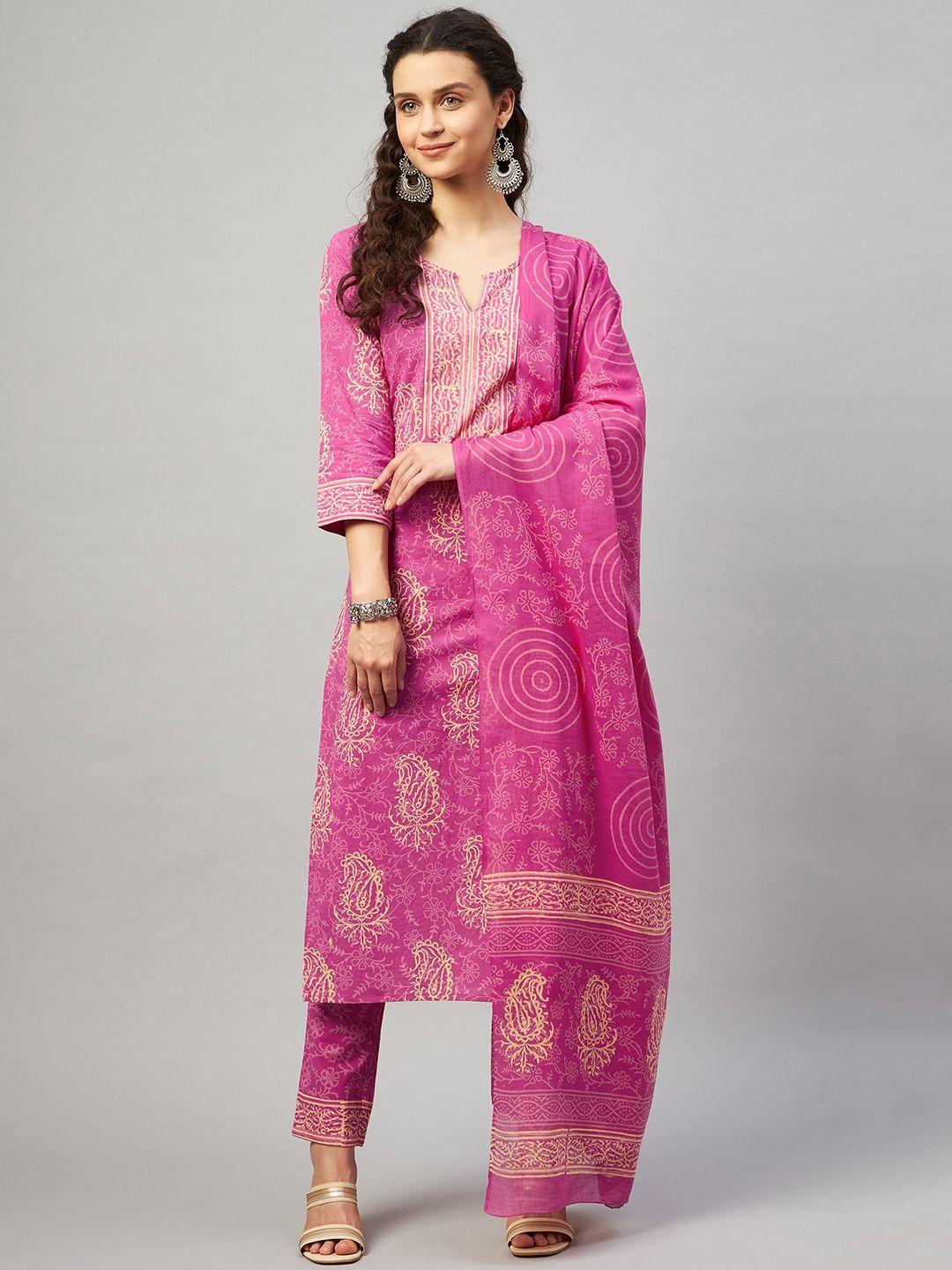 aaheli women pink ethnic motifs printed pure cotton kurta with trousers & with dupatta