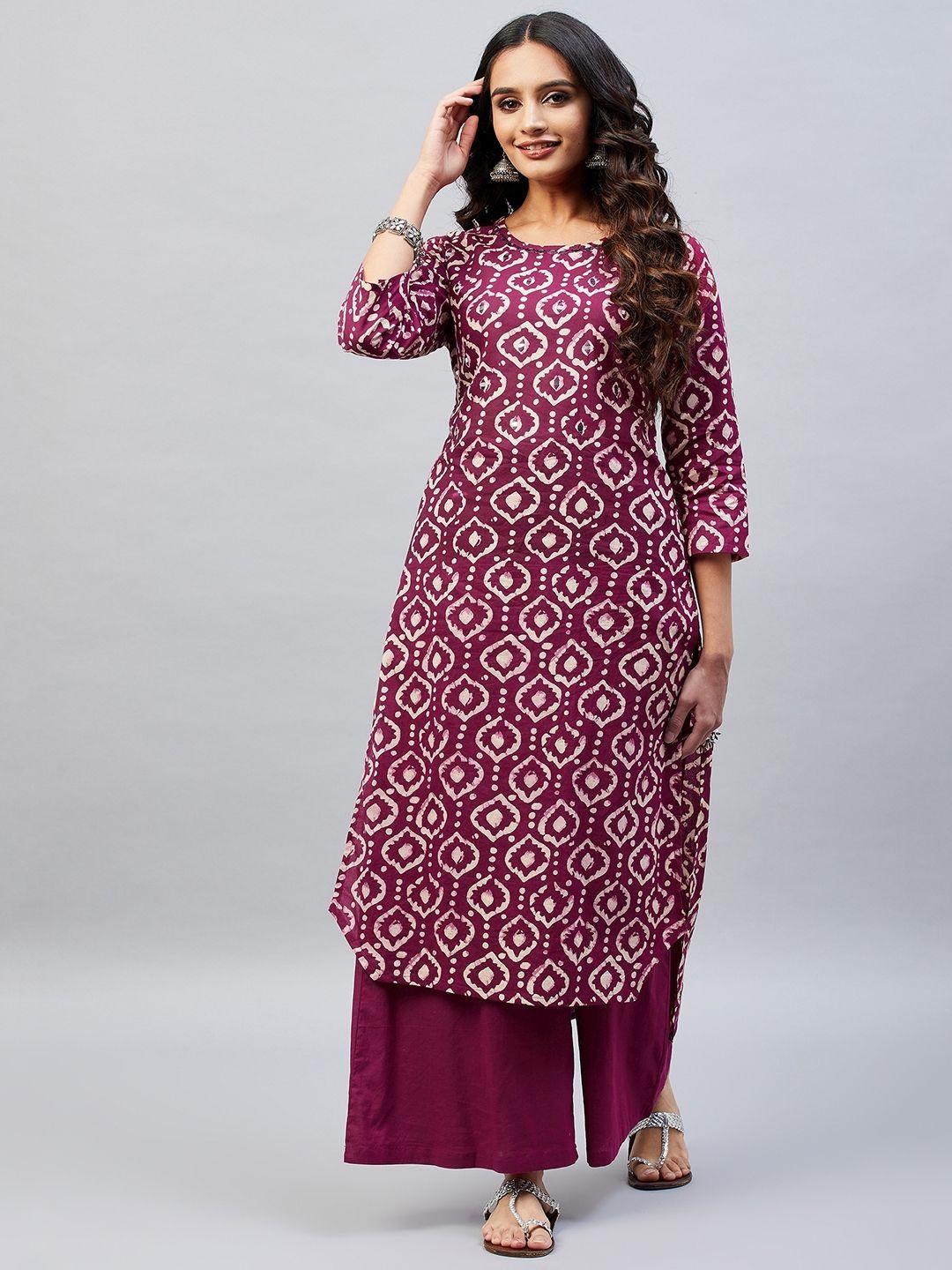 aaheli women purple ethnic printed mirror work pure cotton kurta with palazzos