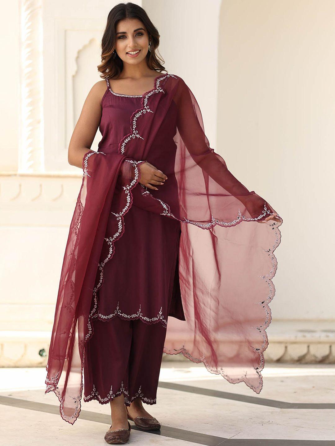 aaheli women purple thread work pure cotton kurta with pyjamas & with dupatta