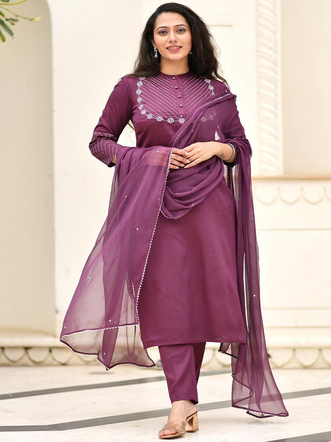aaheli women purple yoke design pure cotton kurta with trousers & with dupatta