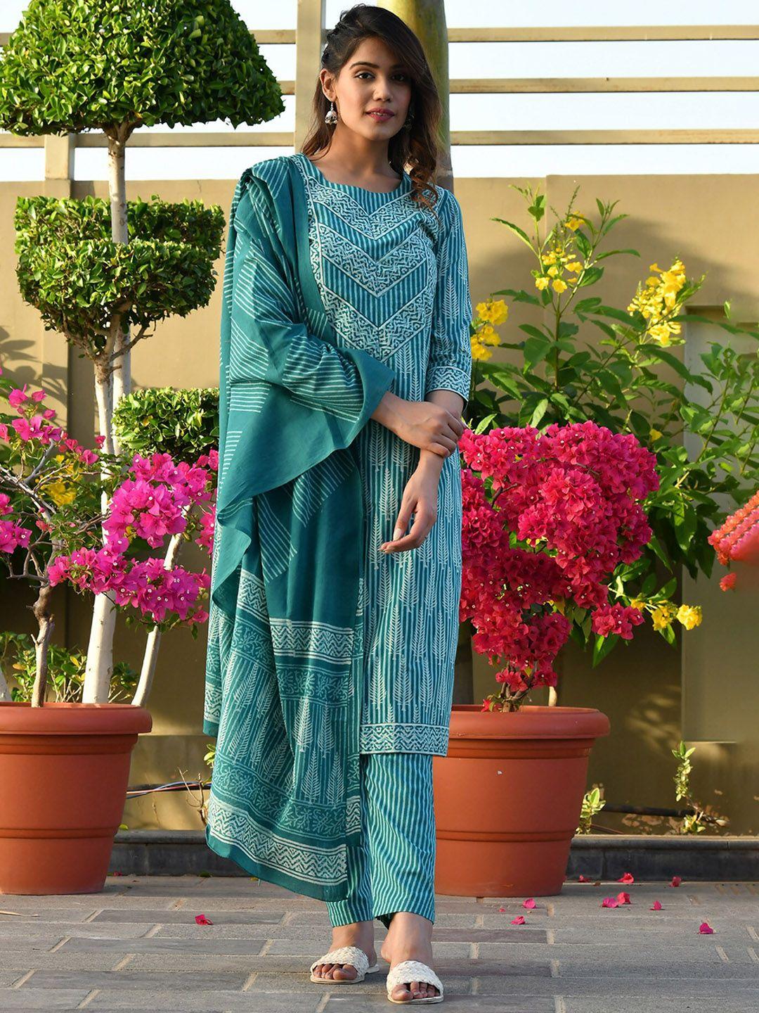 aaheli women teal block printed pure cotton kurta with trousers & with dupatta