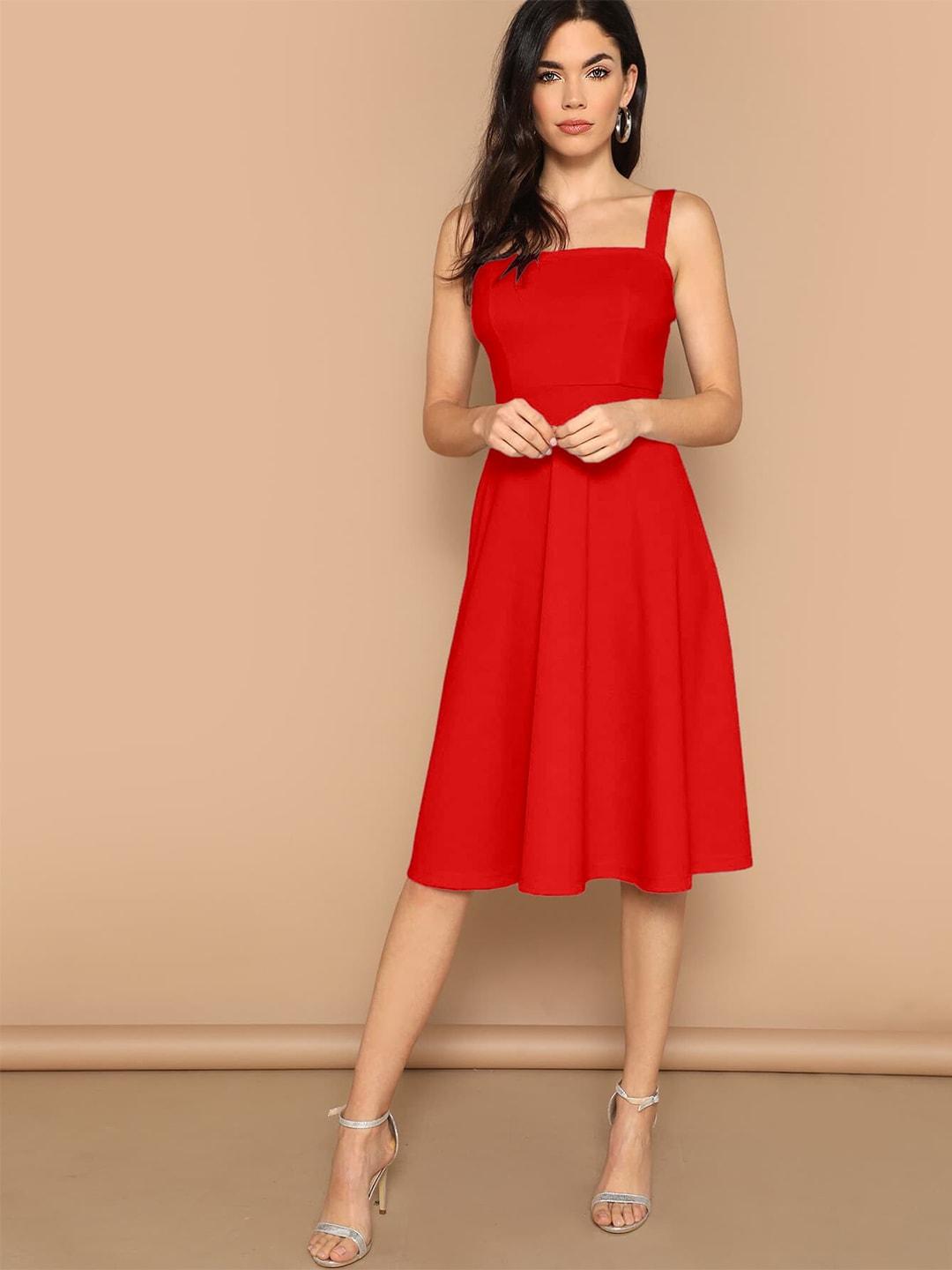 aahwan women red solid fit & flare dress