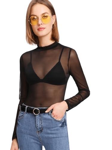 aahwan black mesh long sleeve sheer slim fit high neck see-through top for women's & girl's (276-black-l)