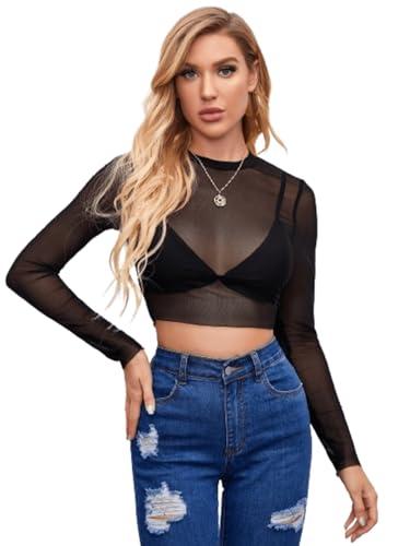 aahwan black mesh long sleeve sheer slim fit without bra crop top for women's & girl's (275-black-l)