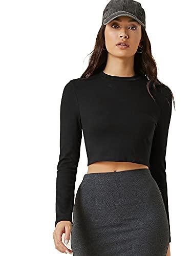 aahwan black solid full sleeve slim fit crop top for women's & girls' (159-black-l)