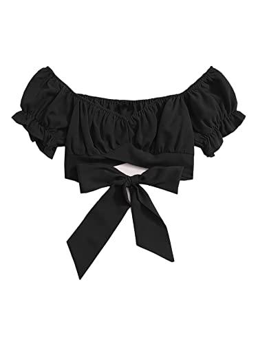 aahwan black tied hem puff sleeve slim fit crop top for women's & girls' (187-black-l)