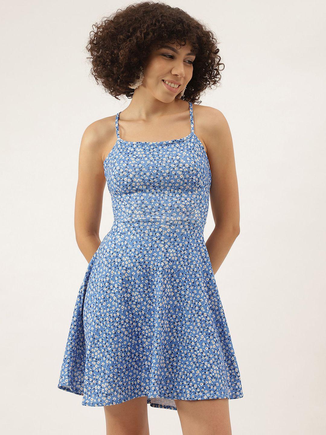 aahwan blue floral print fit & flare dress