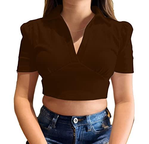 aahwan brown solid basic v neck collared puff sleeves ribbed slim fit crop top for women's & girls' (190-brown-l)