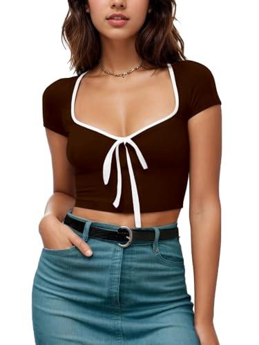 aahwan brown solid color block edge stitching front tie cropped t-shirt for women's & girl's (291-brown-m)