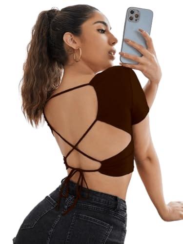 aahwan brown solid criss cross tied backless crop top for women's &girl's(272-brown-l)