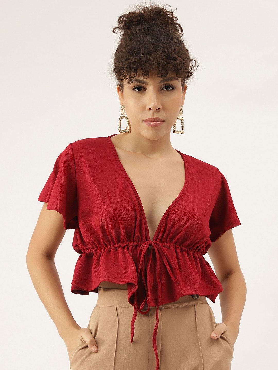 aahwan maroon flutter sleeve cinched waist crop top