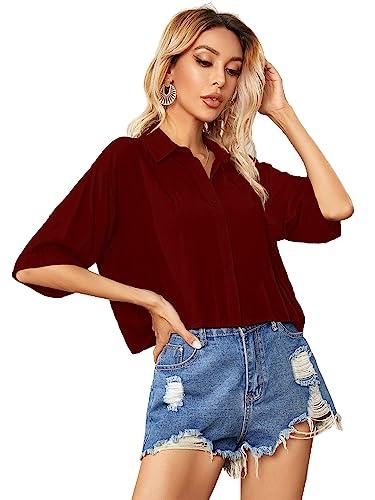 aahwan maroon solid button front crop oversize regular fit shirt for women's & girls' (230-maroon-m)