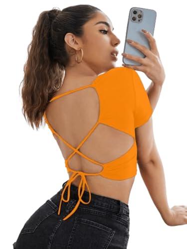 aahwan orange solid criss cross tied backless crop top for women's &girl's(272-orange-s)