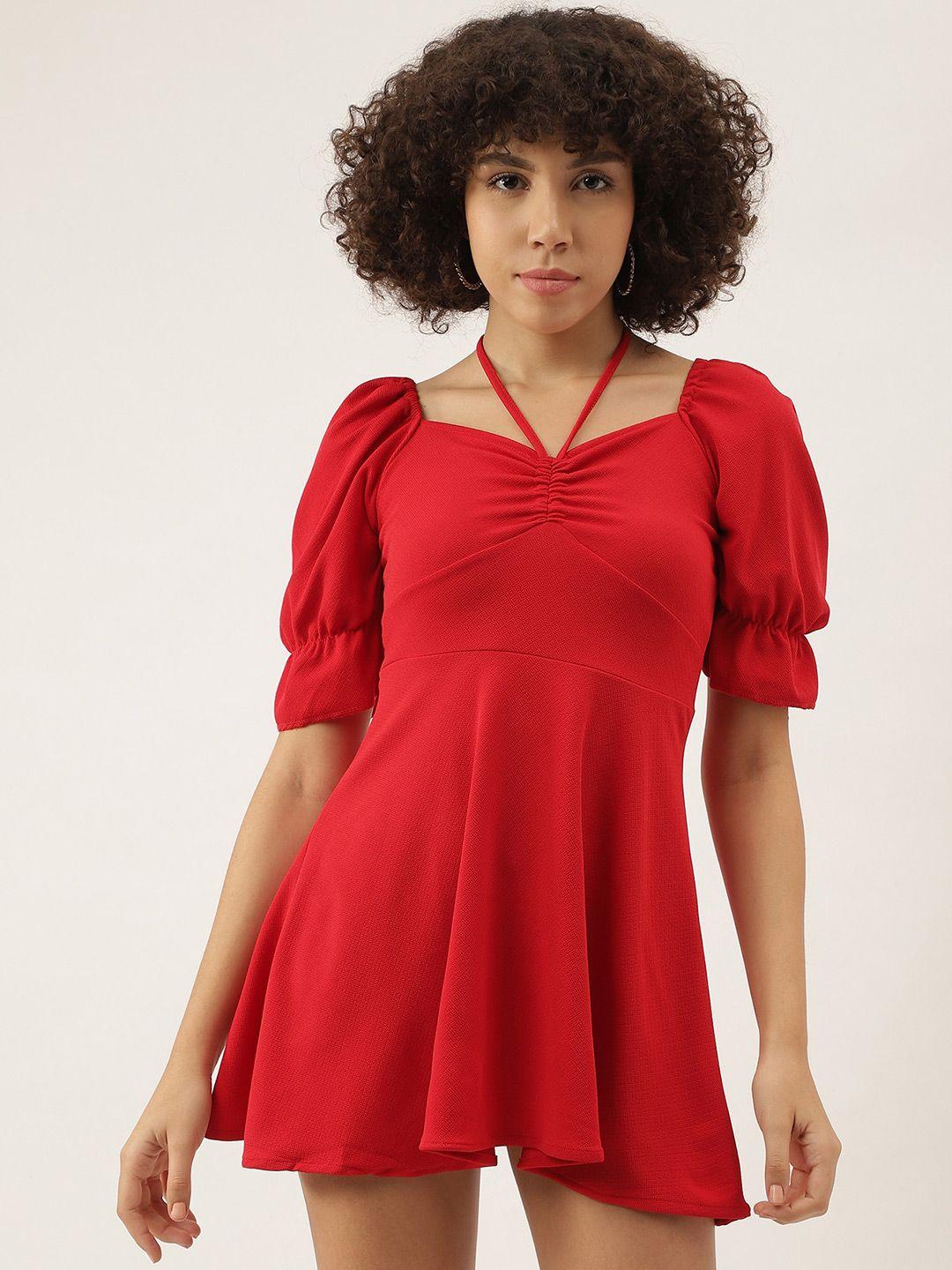 aahwan red puff sleeve fit & flare mini dress