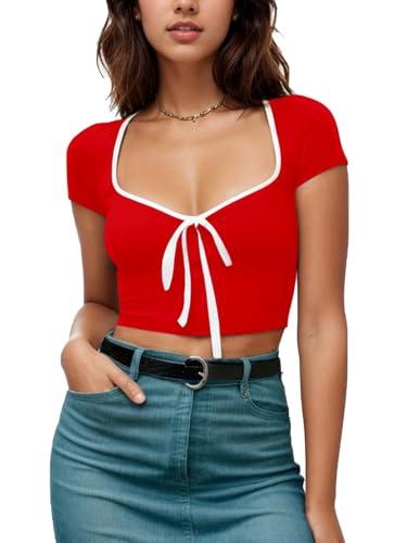 aahwan red solid color block edge stitching front tie cropped t-shirt for women's & girl's (291-red-l)