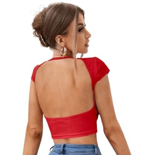 aahwan red solid tee backless western stylish short sleeve ribbed crop top for women's & girls (273-red-m)