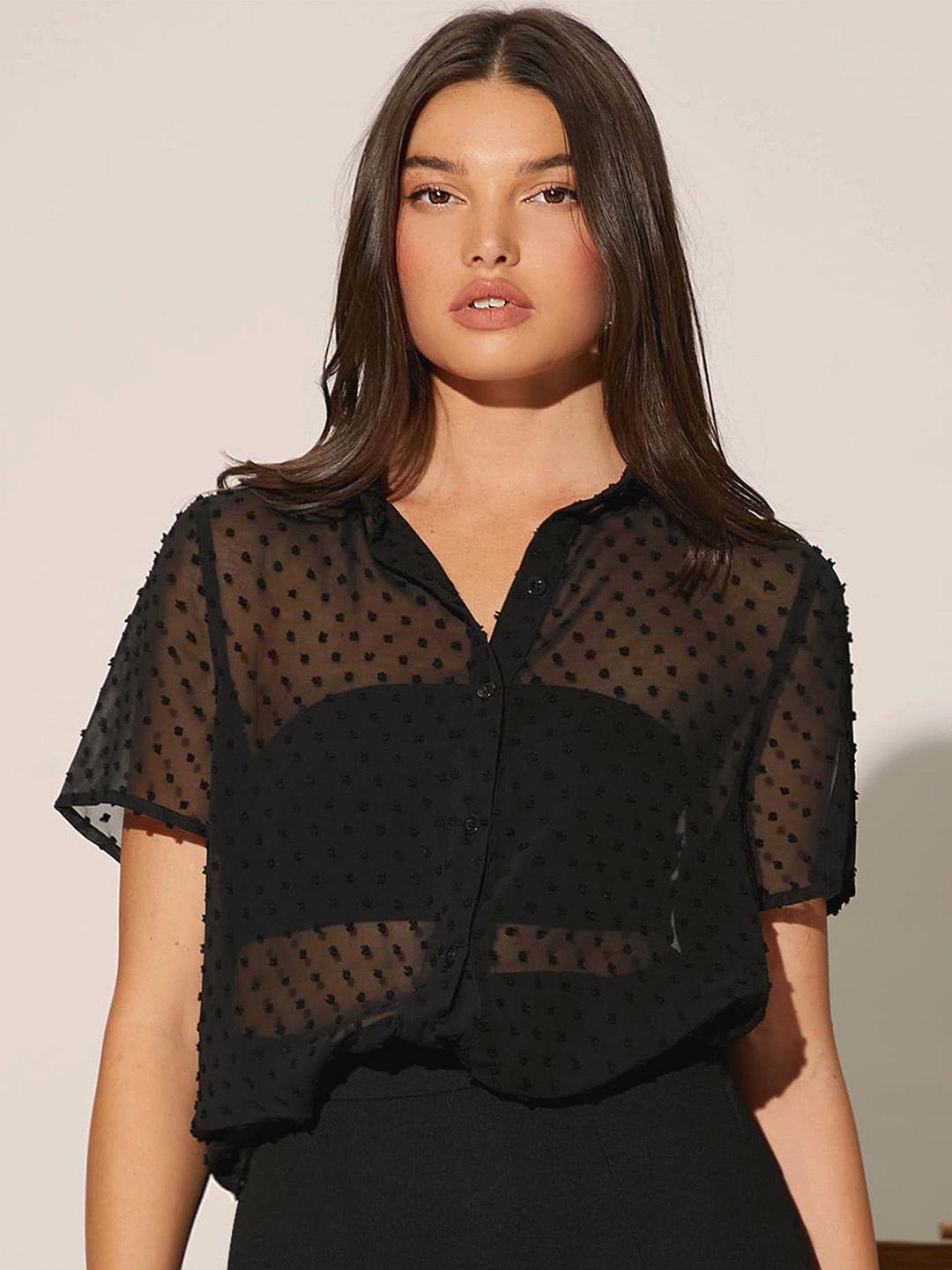 aahwan self designed spread collar semi sheer oversized shirt