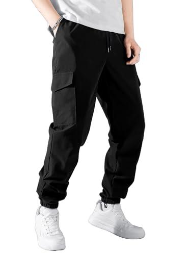 aahwan solid black drawstring waist flap pocket side cargo casual formal pants for men's & boys' (252-black-36)