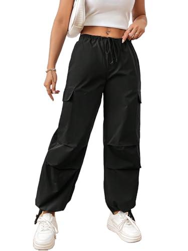 aahwan solid black wide leg baggy drawstring waist flap pocket side parachute cargo pants for women's & girls' (246_black-28)