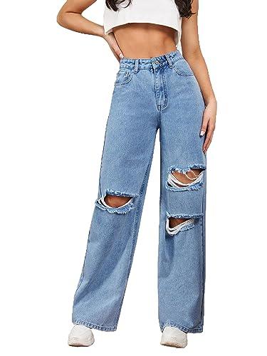 aahwan solid ripped lightblue denim baggy bell bottom wide leg jeans pants for women's & girls' (227-lightblue-34)